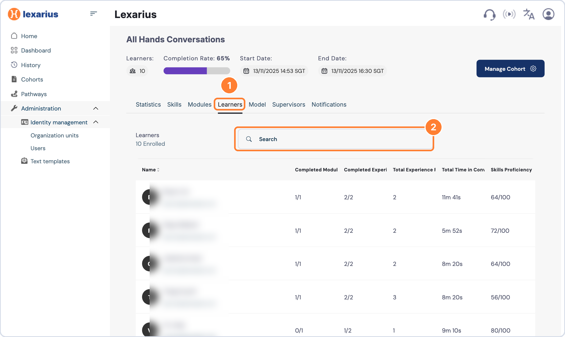Learners tab and search field in a cohort