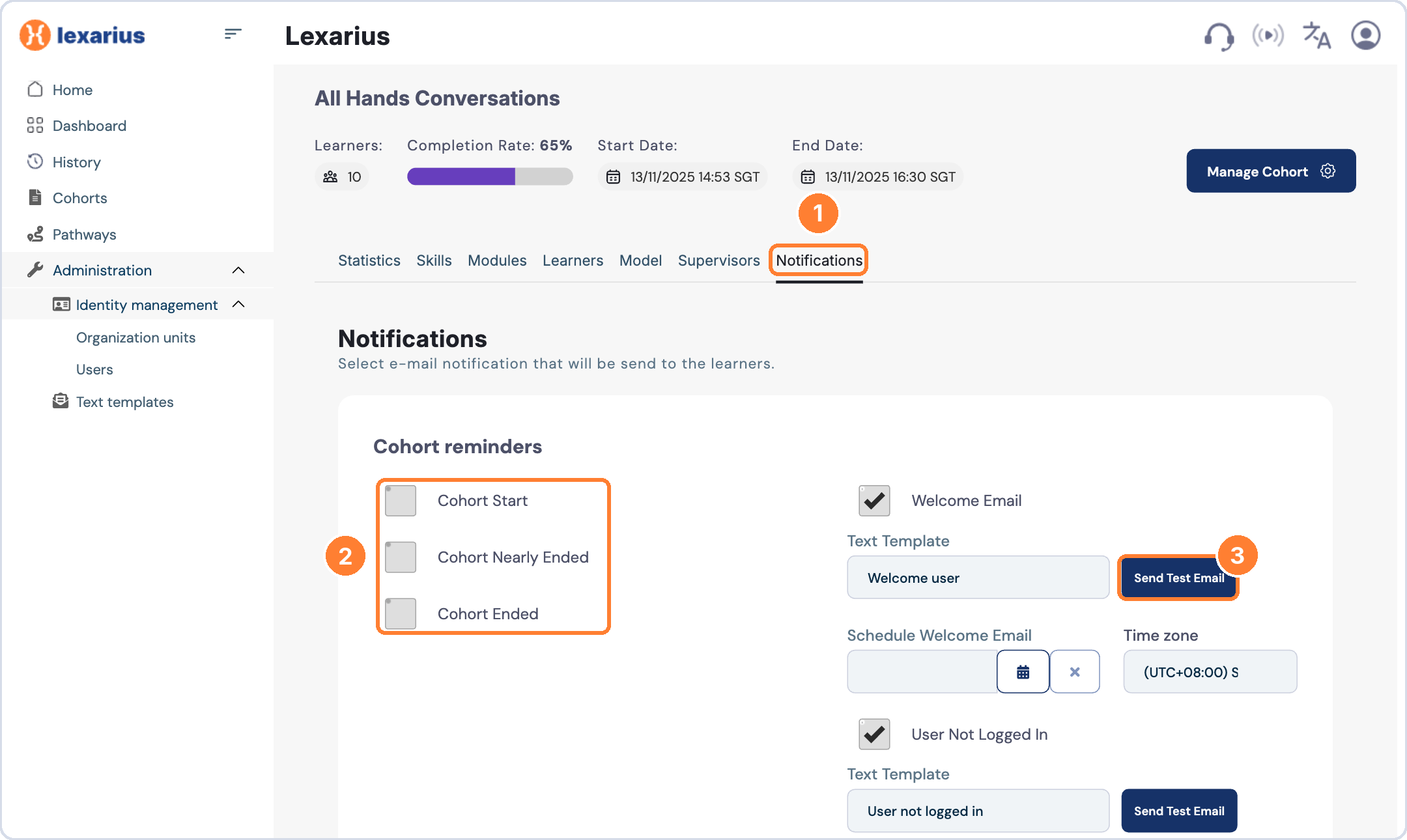 Notifications tab with cohort reminders and Send Test Email