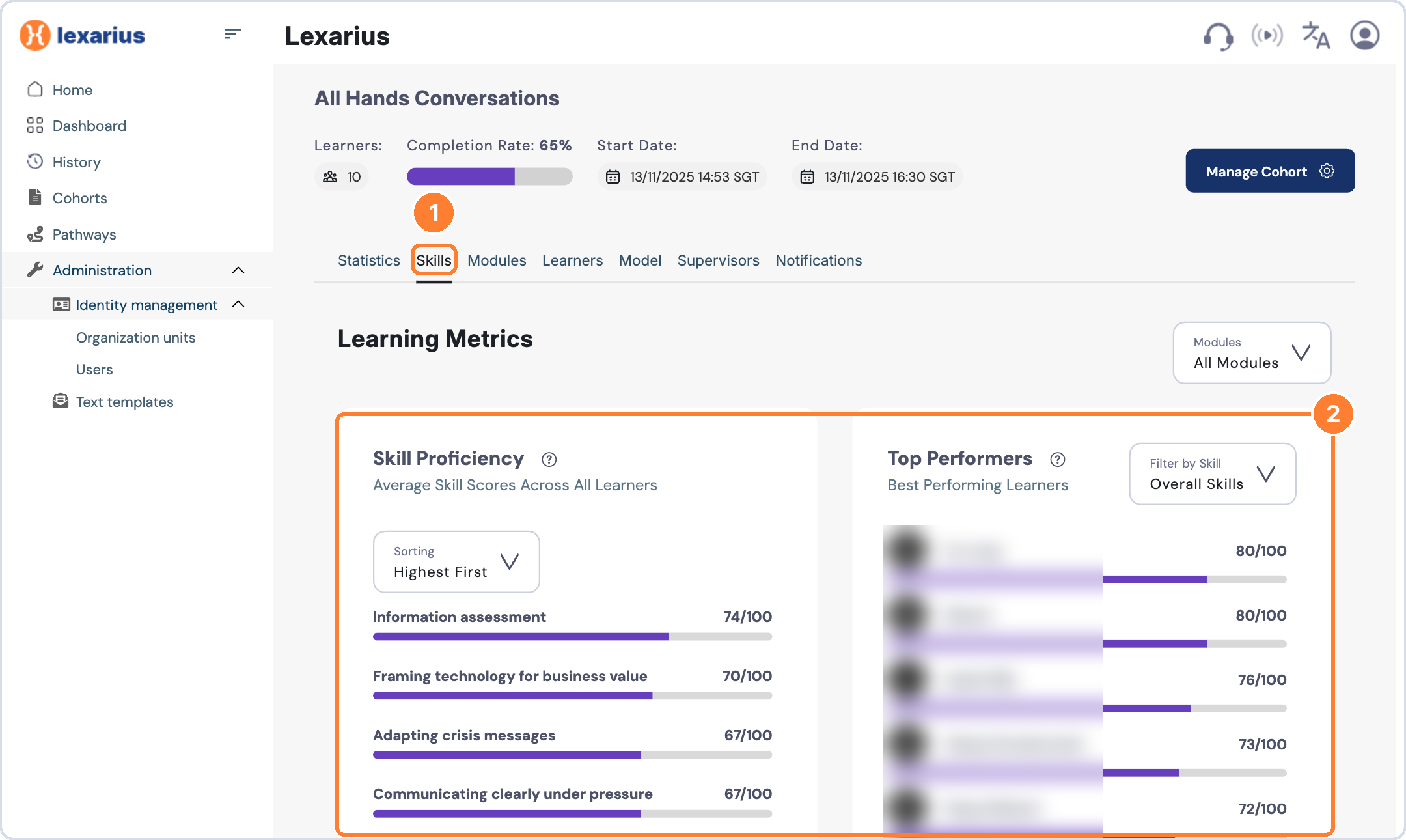 Skills tab with skill proficiency and top performers