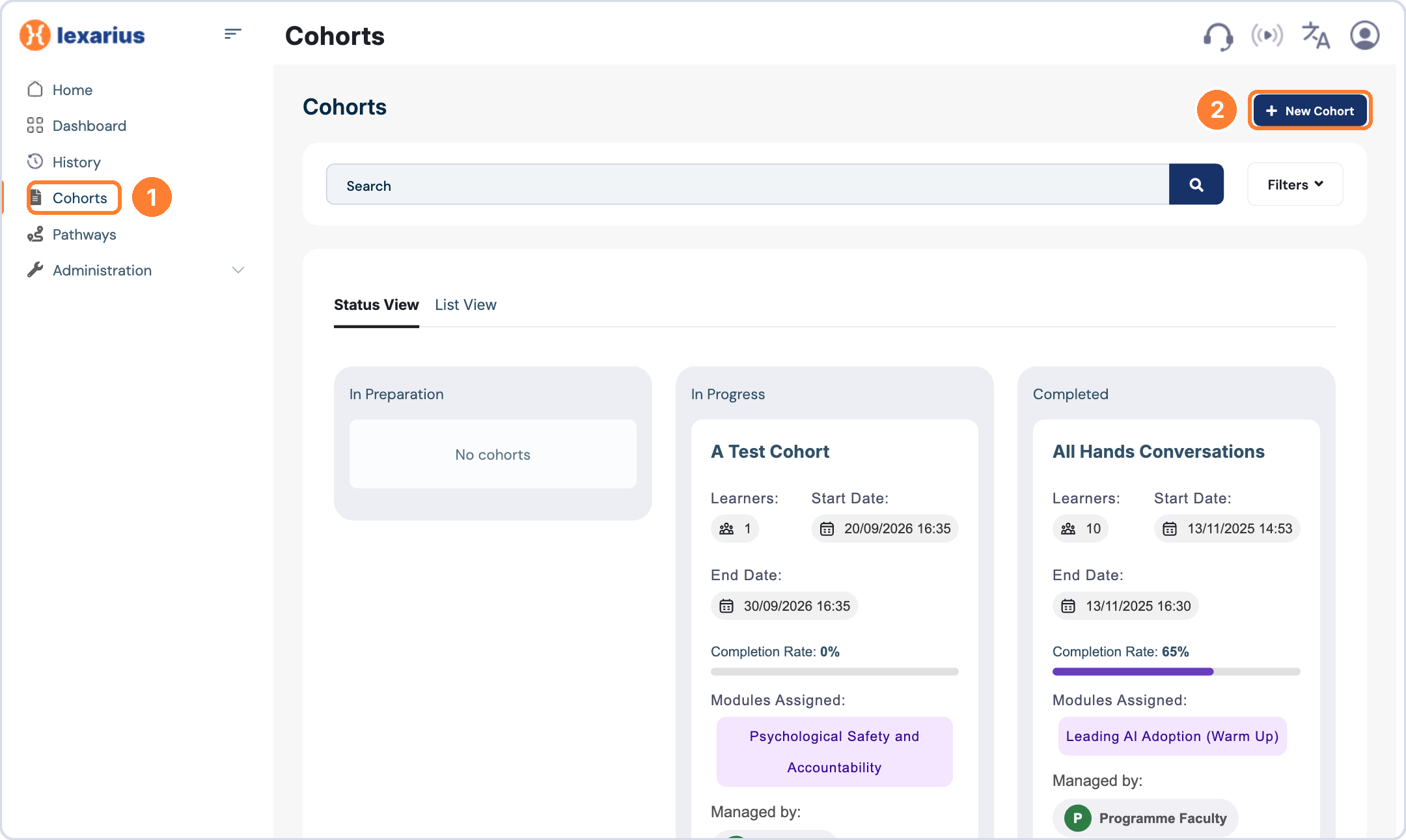 Cohorts menu and the New Cohort button
