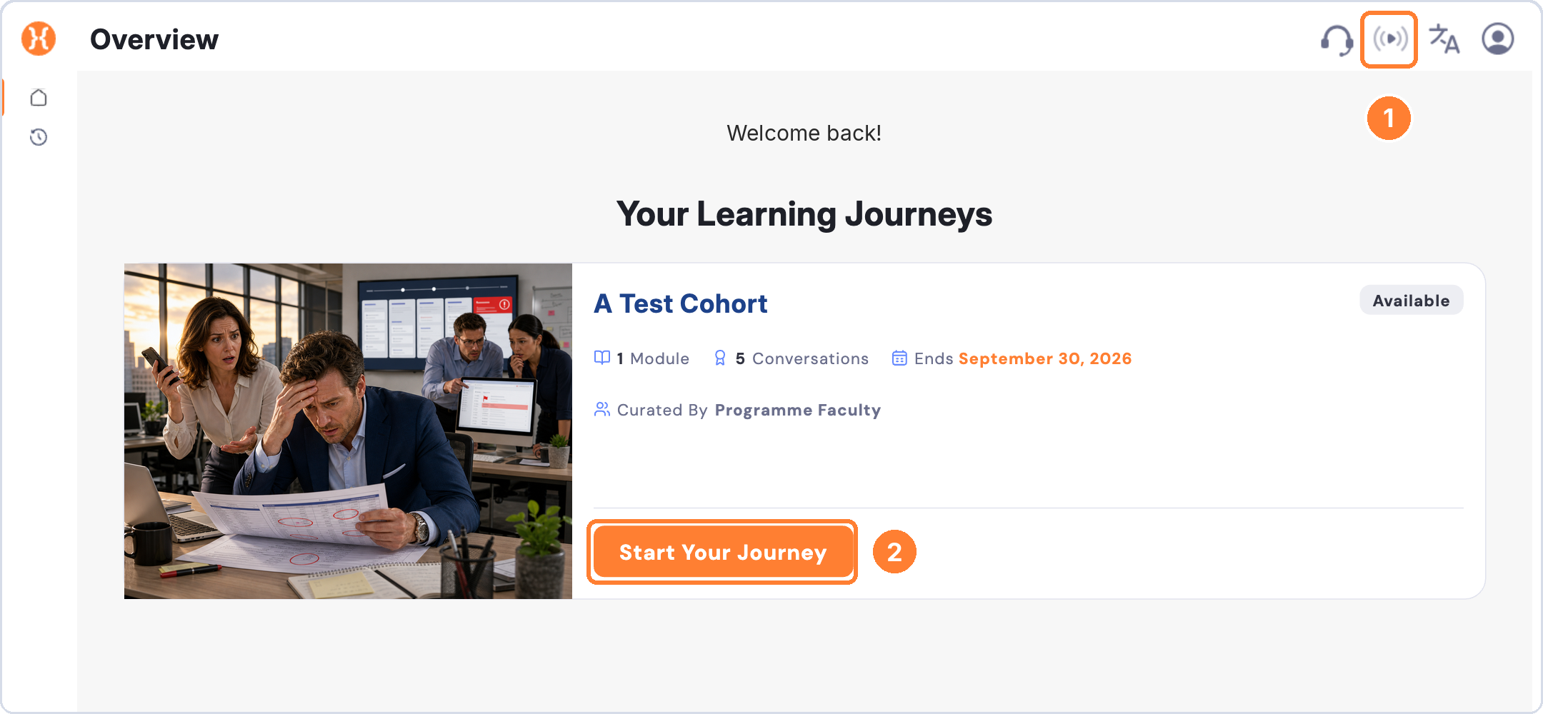 Welcome video button and the Start Your Journey button on the Home page