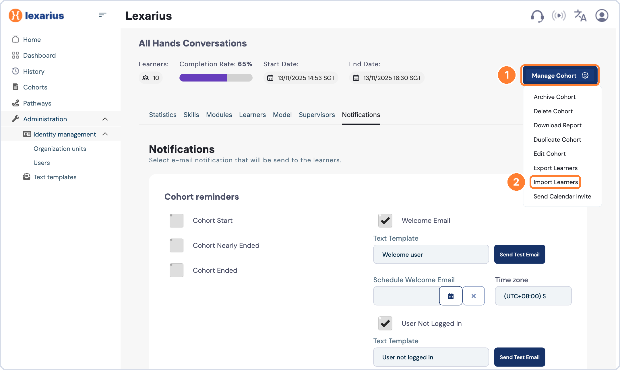 Manage Cohort menu with Import Learners