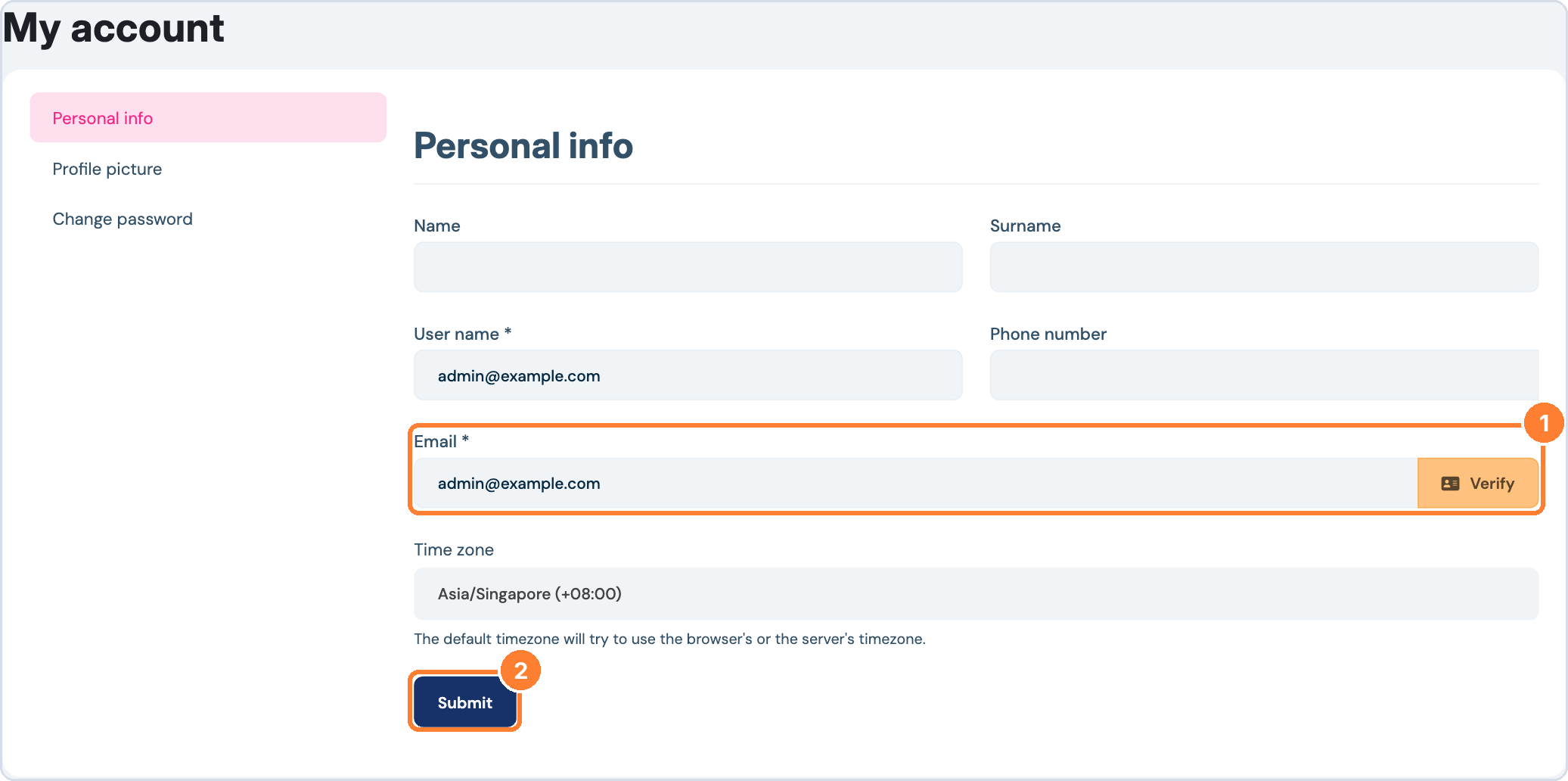 Email field and Submit button in My account