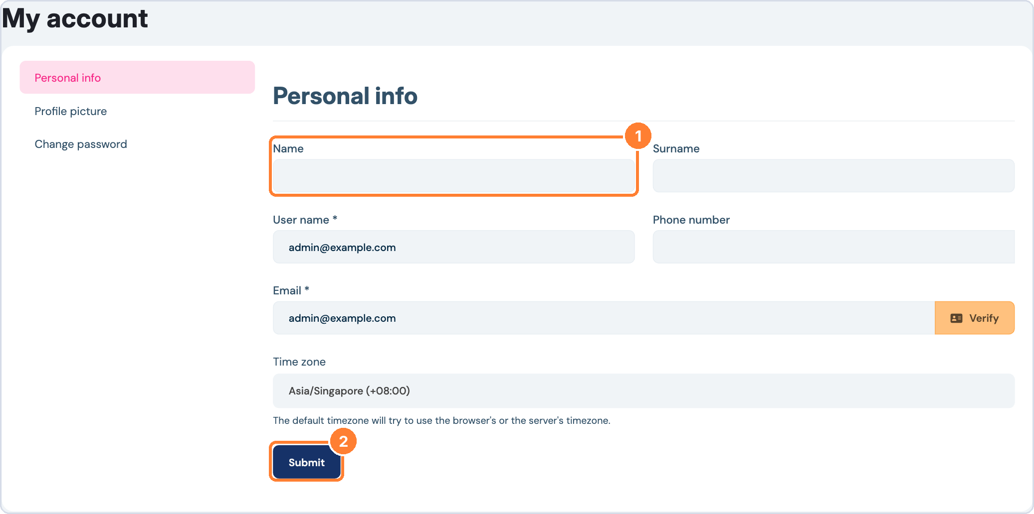 Name field and Submit button in My account