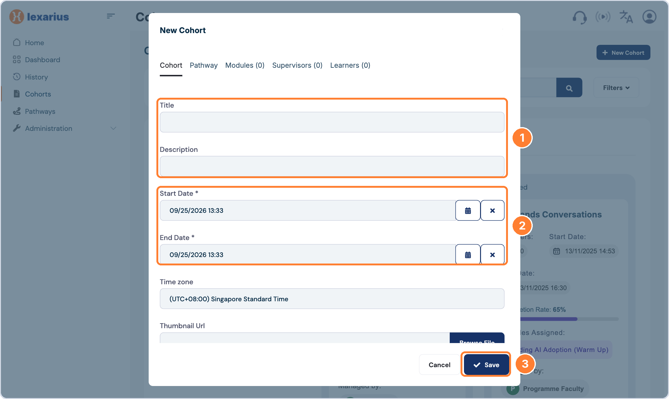 New Cohort form with title, description and dates